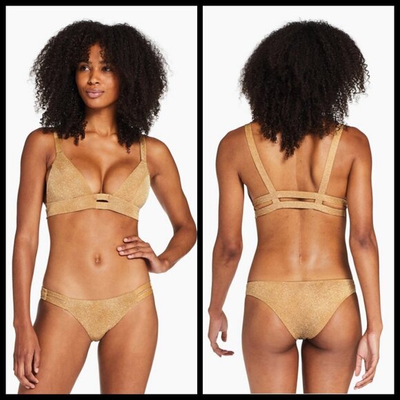 💕VITAMIN A💕 Neutra Bralette 14 DD + Hipster Bottom 12 XL Golden Glow Metallic - Picture 1 of 14